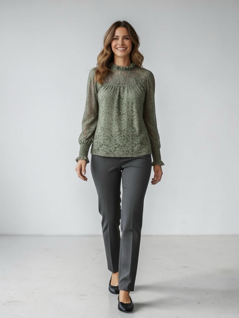 Cable & Gauge Green Lace Mock Neck Blouse Long Sleeve Size Large Nwt